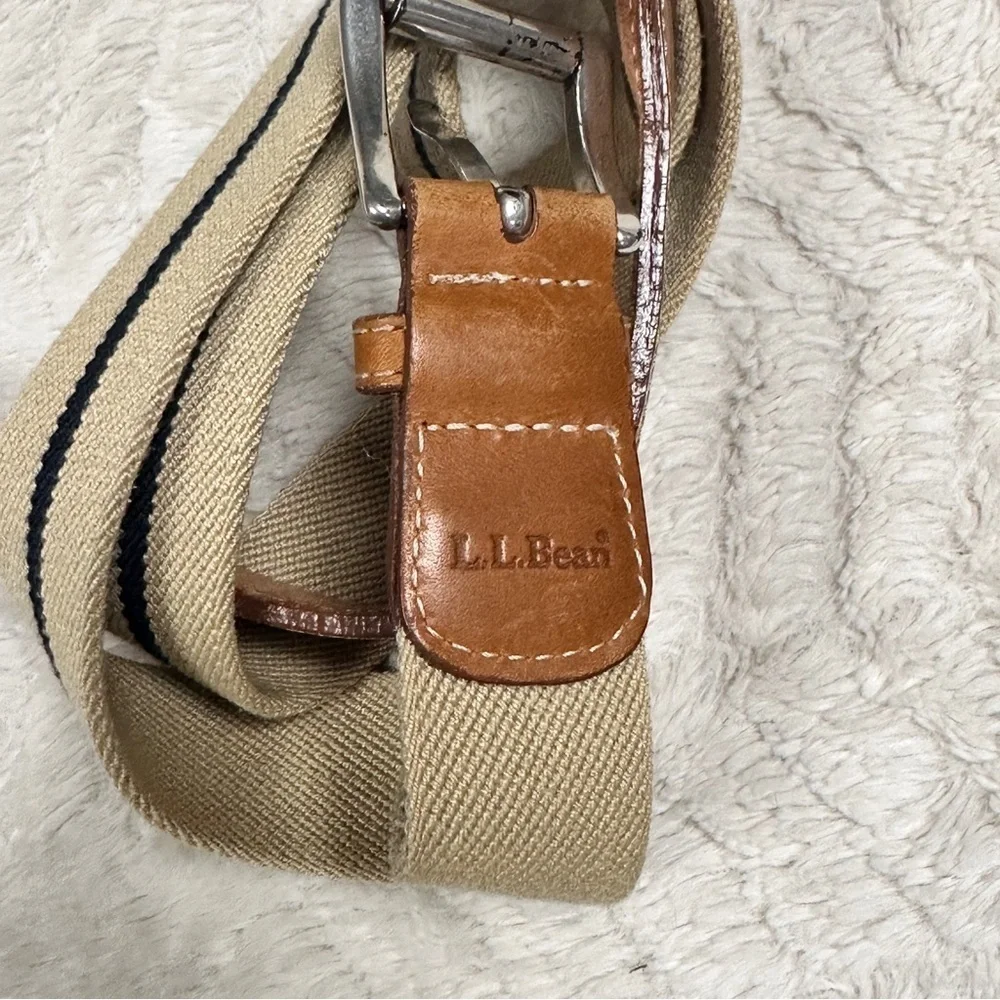 LL Bean men’s belt stretchy tan with black stripe fabric  40 
